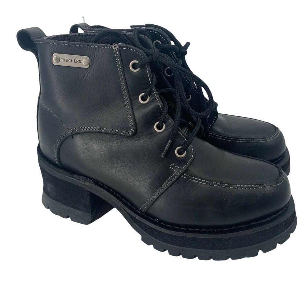 VTG Skechers 90s Chunky Heel Boots Sz 9-9.5 Black Leather Goth Heavy Y2K